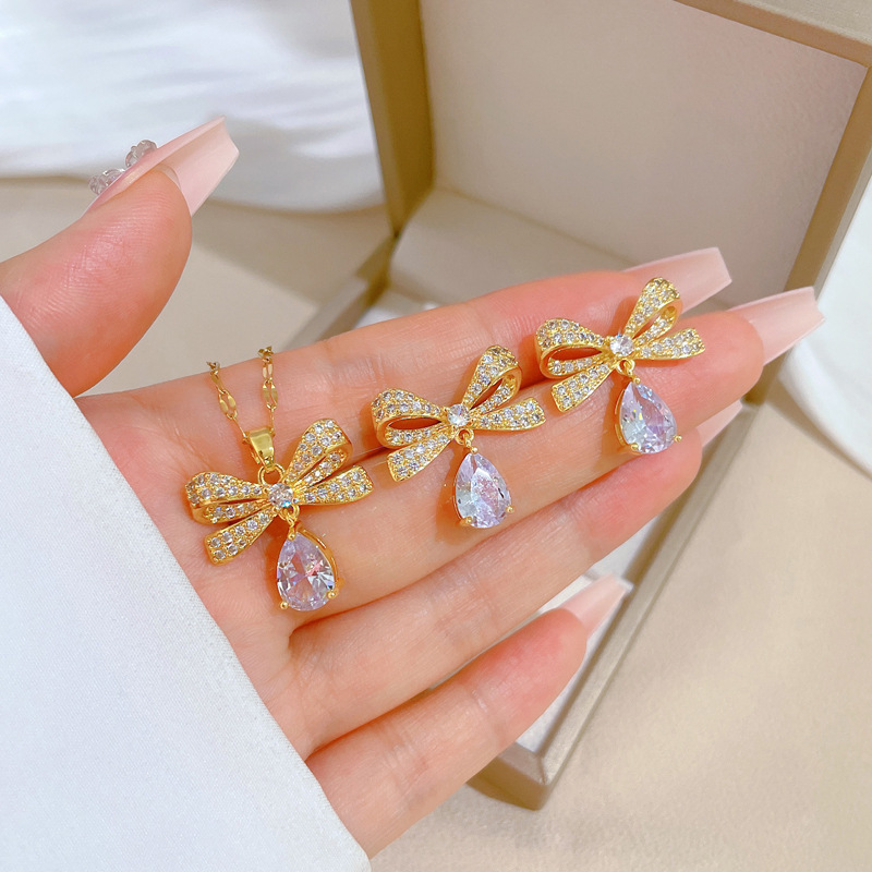 Rhinestones Inlay Material Earrings, Necklace Classification PVD Coated Real Gold Plated Water Droplets Bow Knot Titanium Steel Copper Elegant Glam Waterproof Non Tarnish Earrings Necklace