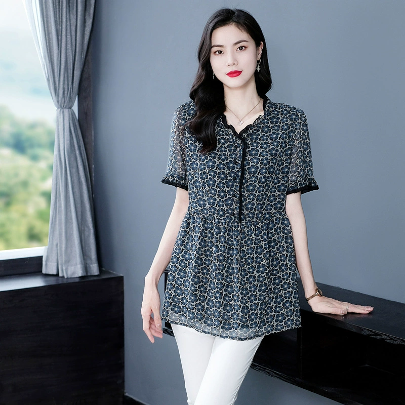 Одежда для мам большого размера, свободная летняя легкая шифоновая рубашка с короткими рукавами и цветочным принтом, топ для полных девочек, женская одежда среднего и пожилого возраста