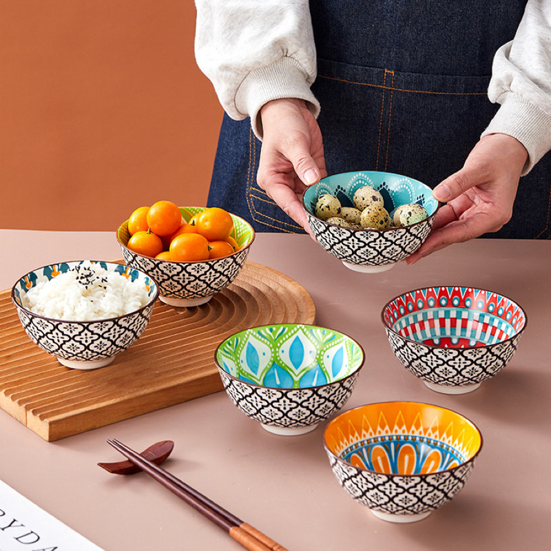 Cross-Border Bohemian Ceramic Bowl Japanese Tableware Rice Bowl Salad Bowl Set Amazon Temu Bowls and Chopsticks Gifts