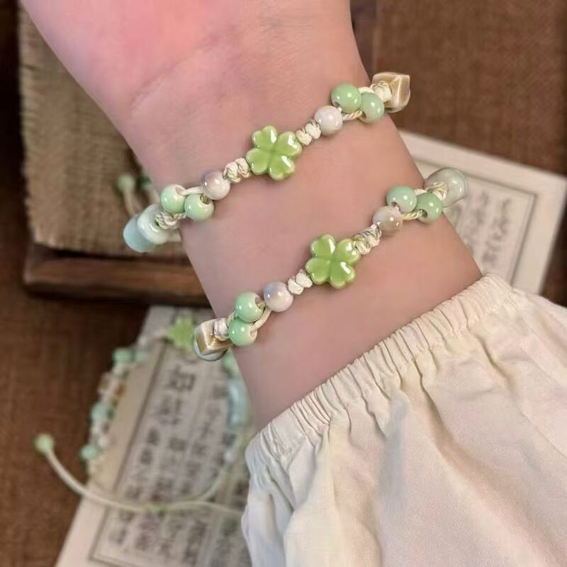 Unique Matcha Green Four-Leaf Clover Ceramic Bracelet, Adjustable Size, Handmade Woven Couple's Bracelet, Finished Product in Forest Style