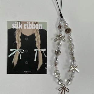 Phone Strap with Bow Charm, Silver Pendant and Beads, Short Creative DIY Accessory