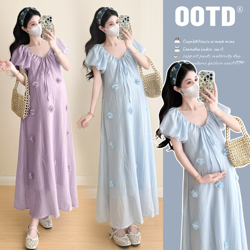 2025 Summer Pregnant Women's Korean Style Gentle and Gentle Dress That Covers the Belly and Does Not Show Pregnancy, Light Luxury and High-End Chiffon Skirt
