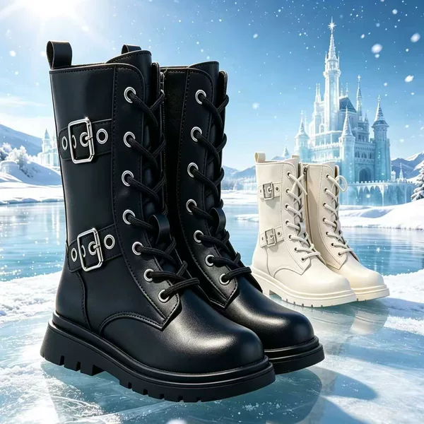 Girls' British-Style Double-Buckle Martin Boots, Autumn and Winter Side-Zip Thick-Soled High-Top Leather Boots, Children's Versatile Workwear Short Boots Wholesale