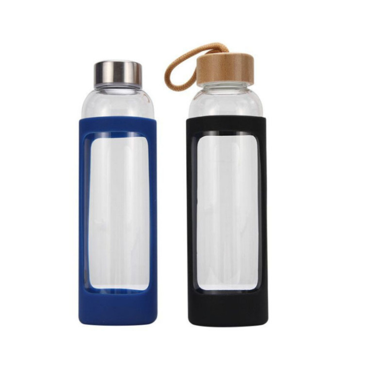 Venta caliente transfronteriza cubierta de silicona cubierta de madera vidrio botella de vidrio de una sola capa al aire libre con cuerda anti-scald publicidad Copa LOGO