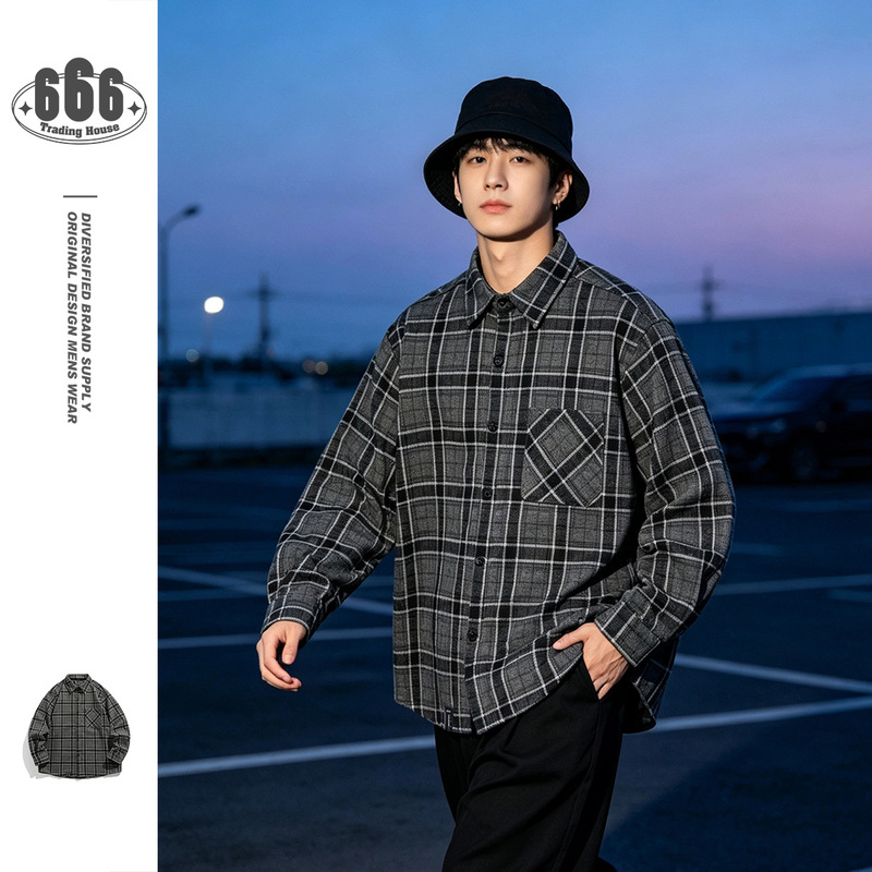 Wanlegetu Japanese Retro Plaid Shirt Men's Loose Trendy Brand Long-Sleeved Plaid Woolen Shirt S5222 Wanlegetu Japanese Retro Plaid Shirt Men's Loose Trendy Brand Long-Sleeved Plaid Woolen Shirt S5222