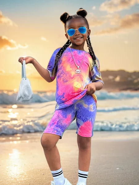 Cross-Border Export Ins Girls' All-Over Printed Tie-Dye Printed Short-Sleeved Suit Short-Sleeved Kidsren's Summer Clothing Suitable for 1-12 Years Old