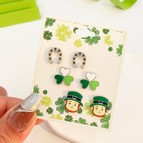 Cross-border new style St. Patrick's Day Irish shamrock Hat Alloy Droplet Oil Three Piece Earring Set Decoration 