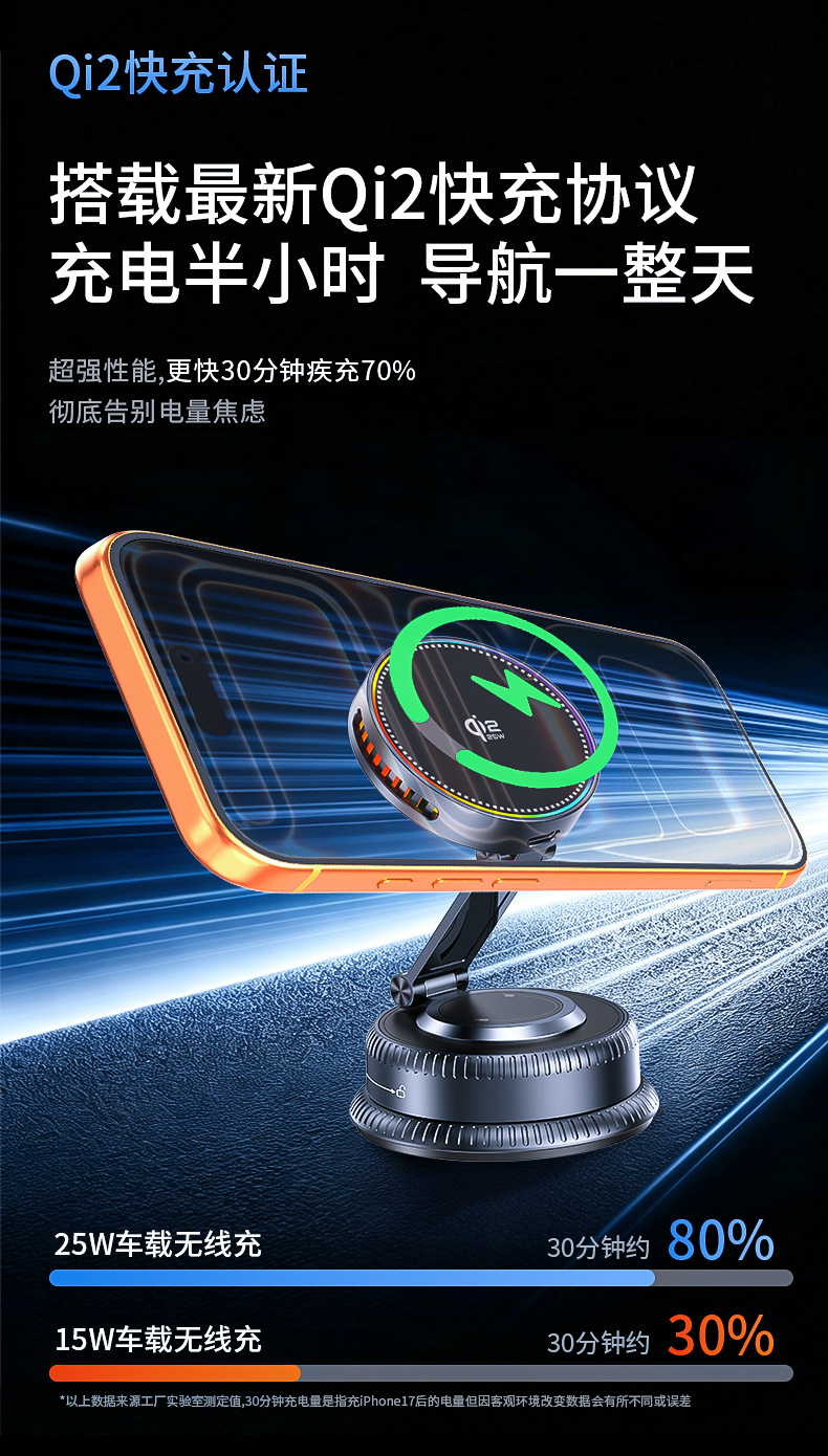K33D Vacuum Suction Phone Holder 25W Wireless Fast Charging Car Phone Holder QI2.2 Magnetic Navigation Holder