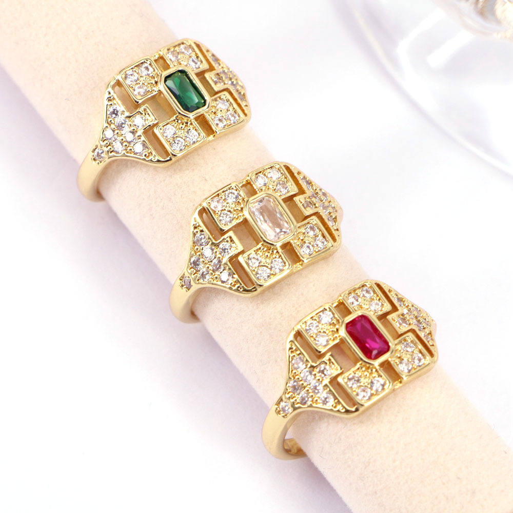 Simple Color Square Zircon Copper Plating 18k Gold Open Ring display picture 6