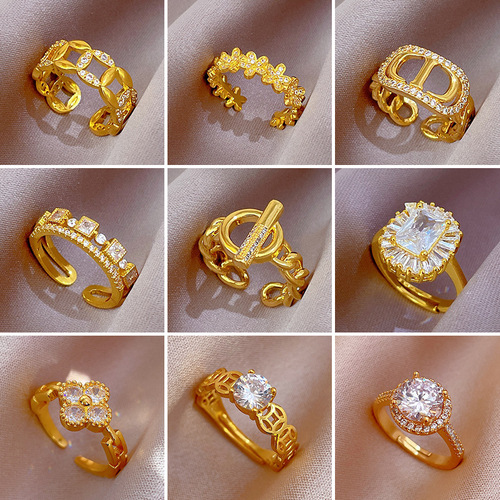 [Real gold plating] Temperament and high-end zircon super flash ring for women with adjustable opening and simple internet celebrity ins