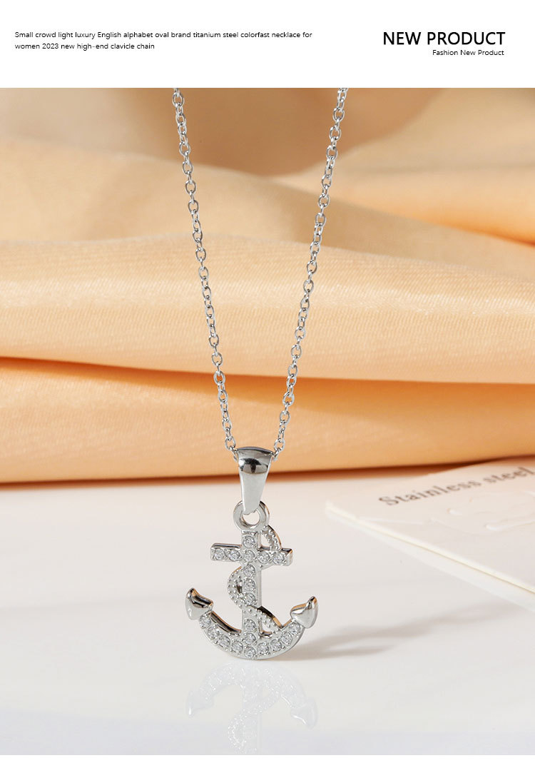 Collana semplice in acciaio al titanio con nave pirata vintage, stile hip hop, ancora, punk, non sbiadisce, con zircone femminile, catena per clavicola con senso avanzato_voghion.com