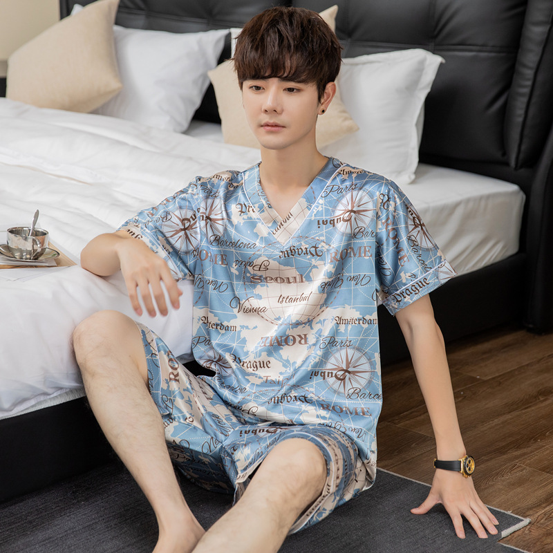 Pijamas de los hombres de seda de hielo de verano de manga corta pijamas de seda delgada más tamaño de los hombres de seda artificial desgaste del hogar de dos piezas conjunto traje