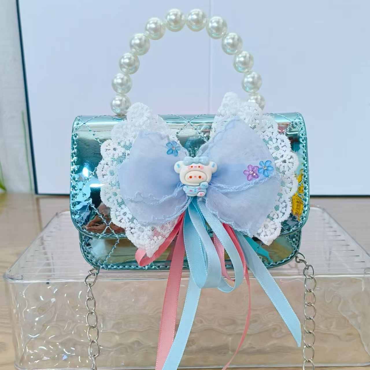 Butterfly Princess bolso de caricatura bolso de perla bolso de hombro bolso de cambio para chicas regalos bolso de cadena láser