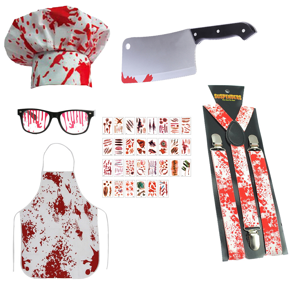 Suministros para disfraces de disfraces de Halloween: calcetines de sangre, guantes de sangre, delantal de sangre, cuchillo de sangre, pancarta de cuerdas, decoración colgante.