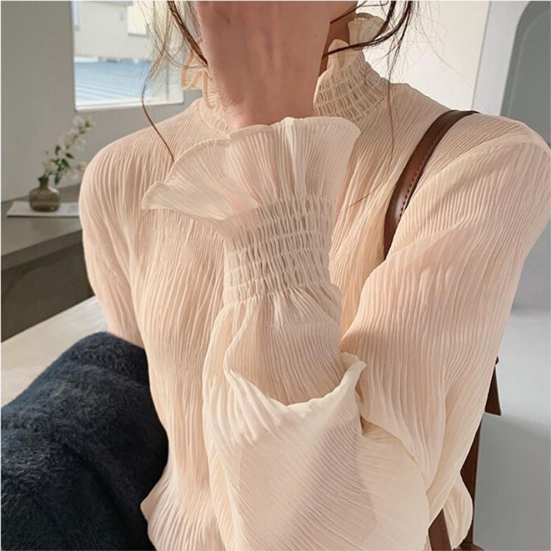 Spring and Autumn New Chiffon Shirt Women's Trumpet Sleeve Super Fairy Loose Ruffled Half-high Collar Stylishly Style Bottoming Shirt Spring and Autumn New Chiffon Shirt Women's Trumpet Sleeve Super Fairy Loose Ruffled Half-high Collar Stylishly Style Bottoming Shirt