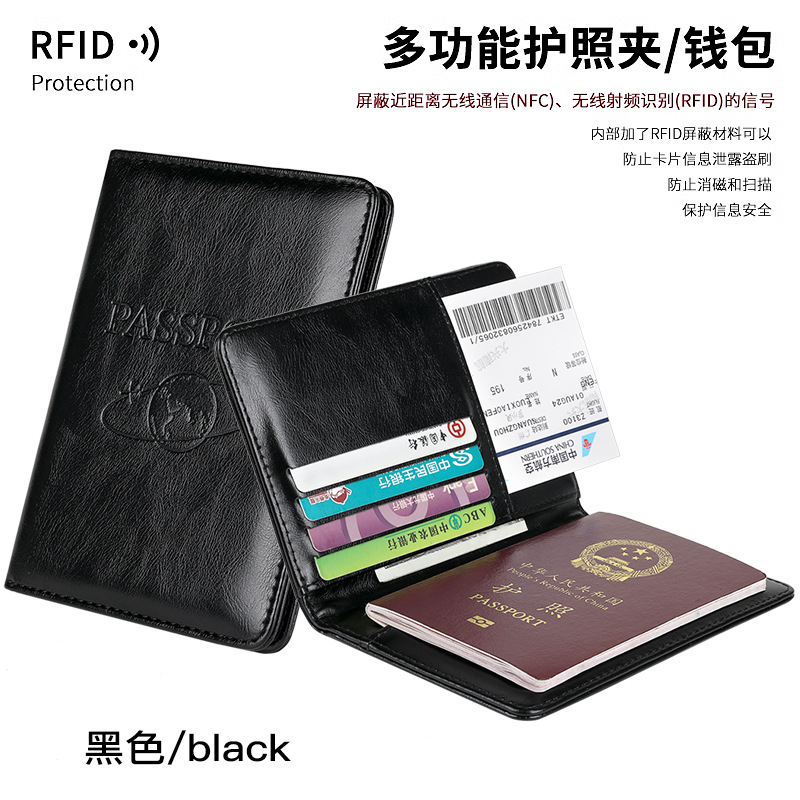 Bolsa de pasaporte de piel transfronteriza, bolsa de pasaporte de piel de vaca, bolsa de tarjeta multiplazamiento de gran capacidad, bolsa de tarjeta RFID anti-robo
