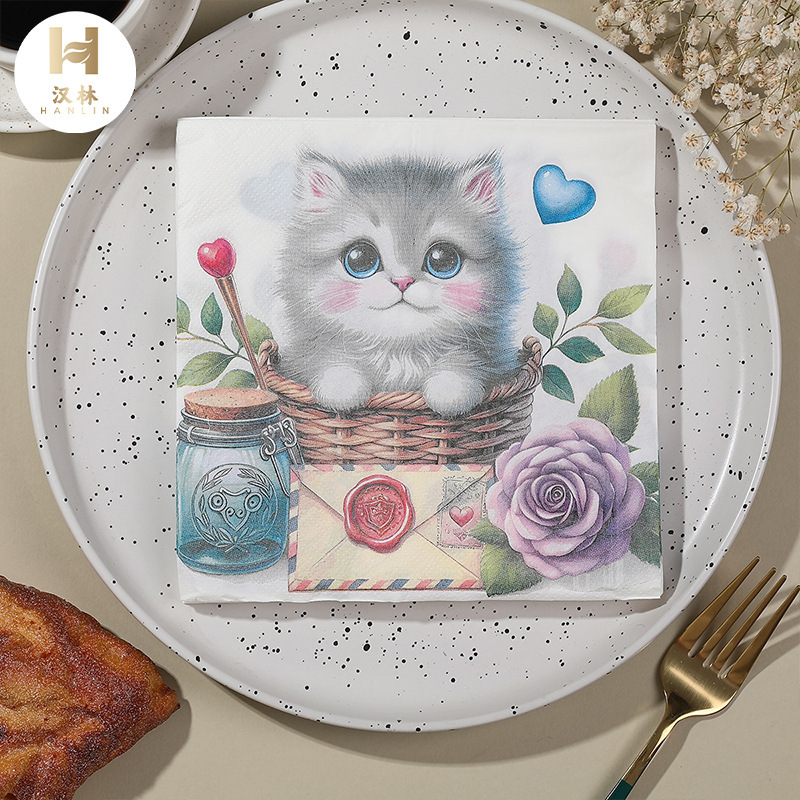 Printed Napkin Cute Cat Decoration Holiday Party High-class Hotel Restaurant Cross-border Original Wood Pulp Square Tissue