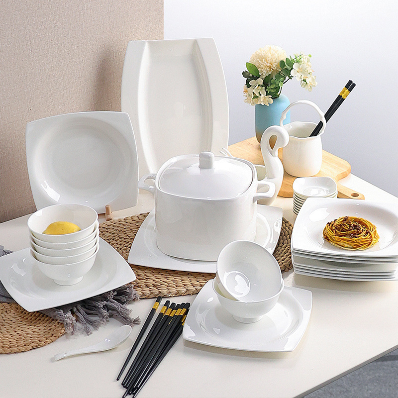순수 화이트 스퀘어 세라믹 플레이트 Jingdezhen 뼈 중국 가정용 세라믹 그릇 플레이트 전자 레인지 오븐 식기 세척기 특수 식기 세척기