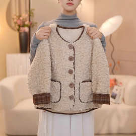 2025新款女童美拉德毛毛衣秋冬款女宝格子拼接皮毛一体外套羊羔毛