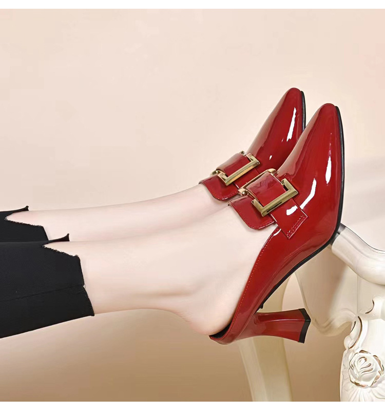 Giày mule nữ mũi nhọn da bóng gót thấp kiểu Pháp — Màu đen chi tiết 17