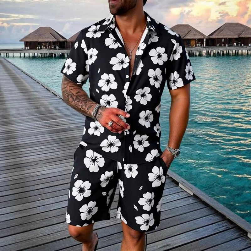 Американский уличный стиль: мужская летняя новая стильная и красивая рубашка с коротким рукавом и отложным воротником, комплект с принтом, лето 2025, свободная и удобная.