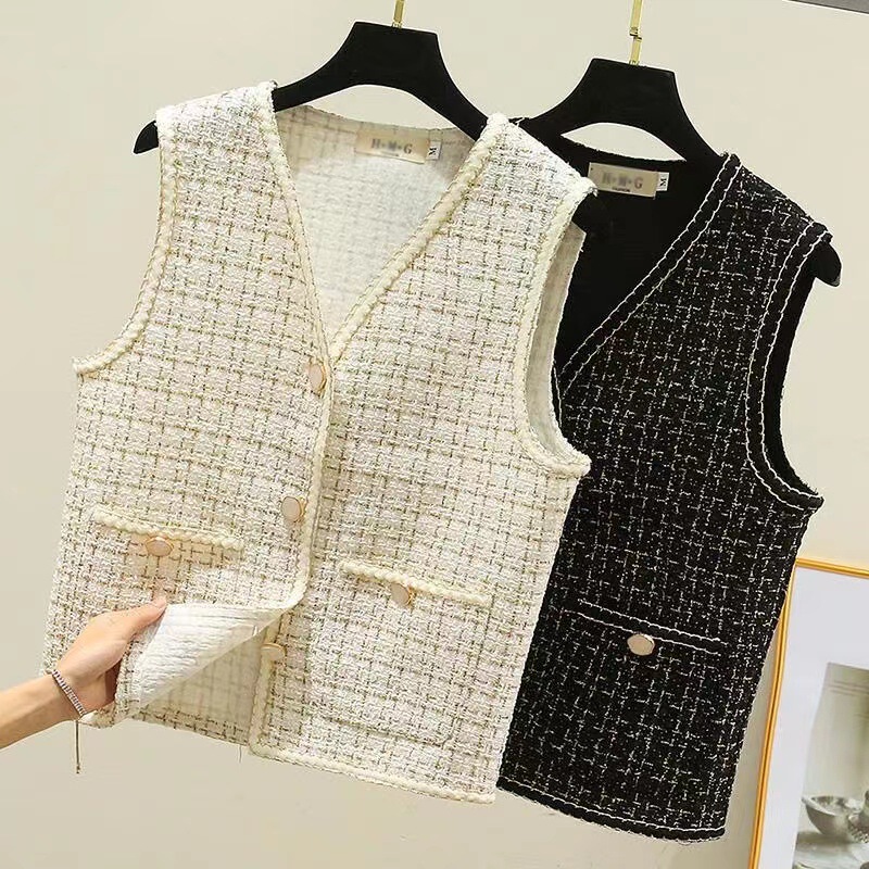 Women's Vest 2026 Spring and Autumn New Style Chanel-Style Tweed Thin Outerwear Versatile Vest Jacket Women's Vest 2026 Spring and Autumn New Style Chanel-Style Tweed Thin Outerwear Versatile Vest Jacket
