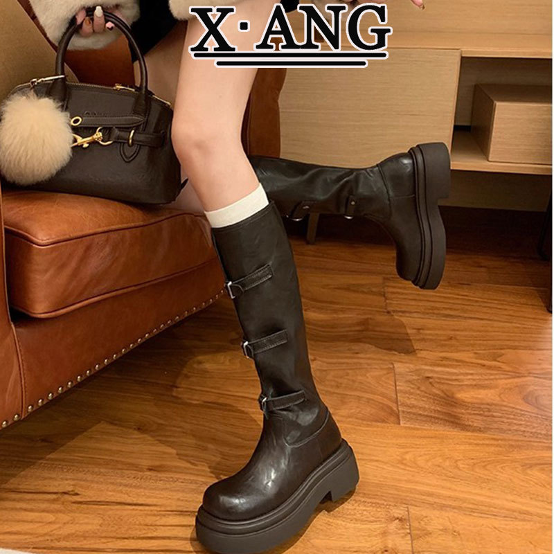 真皮不过膝高筒靴子女长靴2025秋季新款粗跟厚底增高小个子骑士靴|undefined