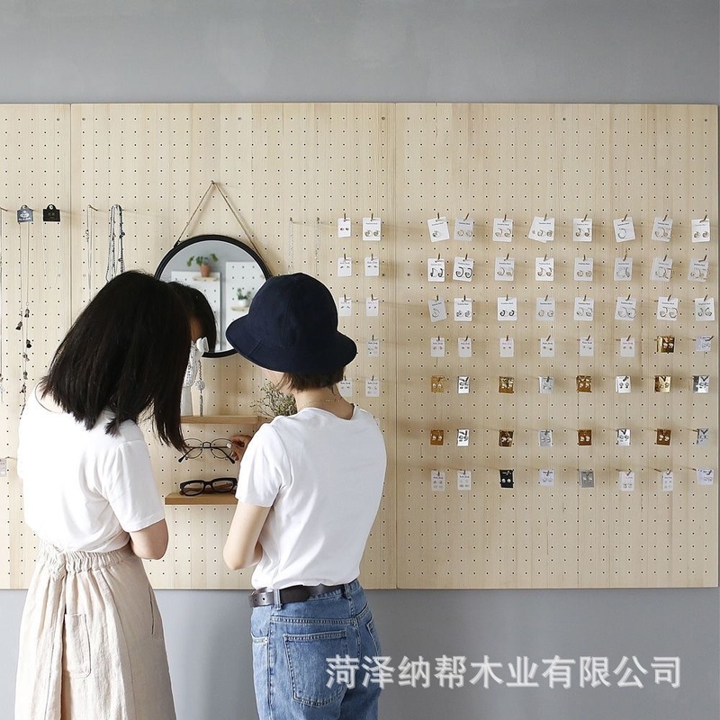 实木洞洞板小孔饰品店展示架袜子店精品店商品收纳展示架壁挂搁板|undefined