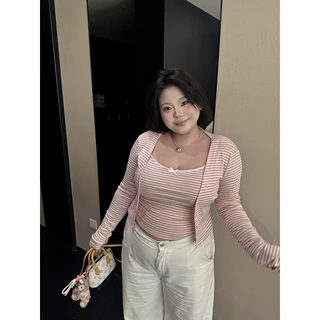 【甜心白玉】大码女装粉色条纹蕾丝吊带背心秋季过度叠穿外套套装