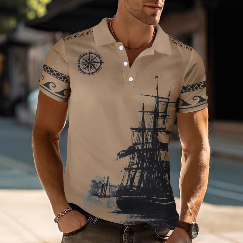 Amazon's New Cross-Border Men's Casual Sports Polo Shirt V Neck Button Sailboat Print Versatile T-Shirt