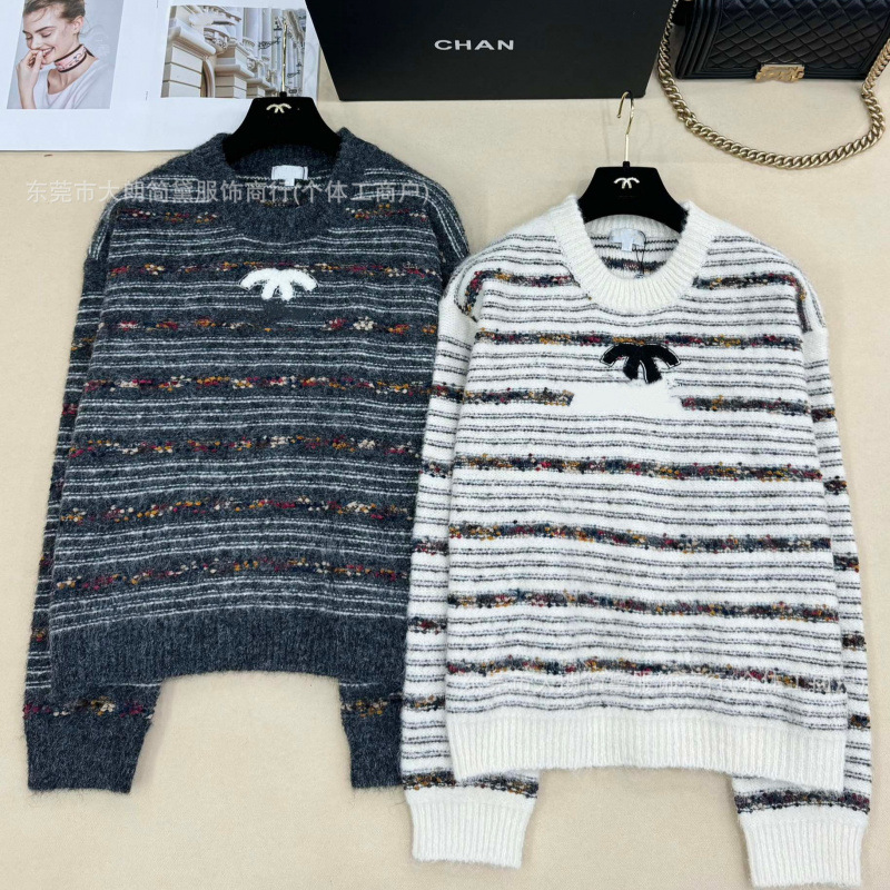 深圳南油货CH家～高版本25早秋新款 条纹刺绣字母圆领针织长袖