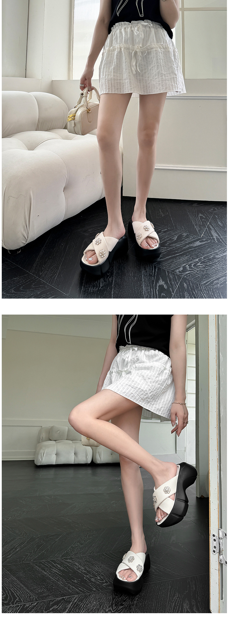 Dép sandal cao gót nữ quai chéo đính đá, đế platform dày, gót 9 cm — Màu đen, Màu trắng be chi tiết 13