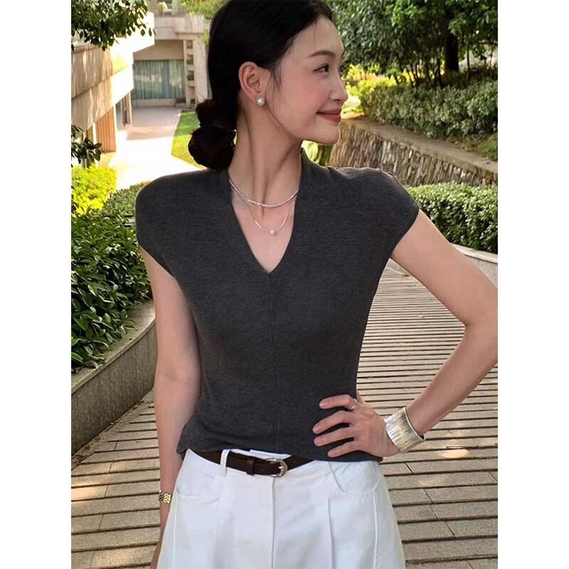 复古高级感V领小飞袖针织t恤女夏季新款通勤百搭修身显瘦短袖上衣|undefined