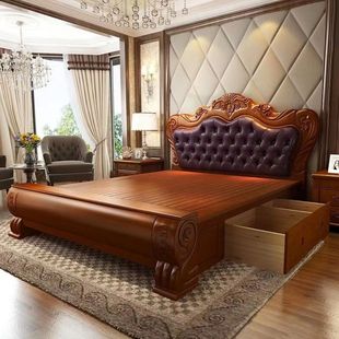 Household Bed Solid Wood Bed 1.8m Master Bedroom Double Large Bed Wedding Bed 1.5m European Furniture Soft Leather Bed Gaoyukang