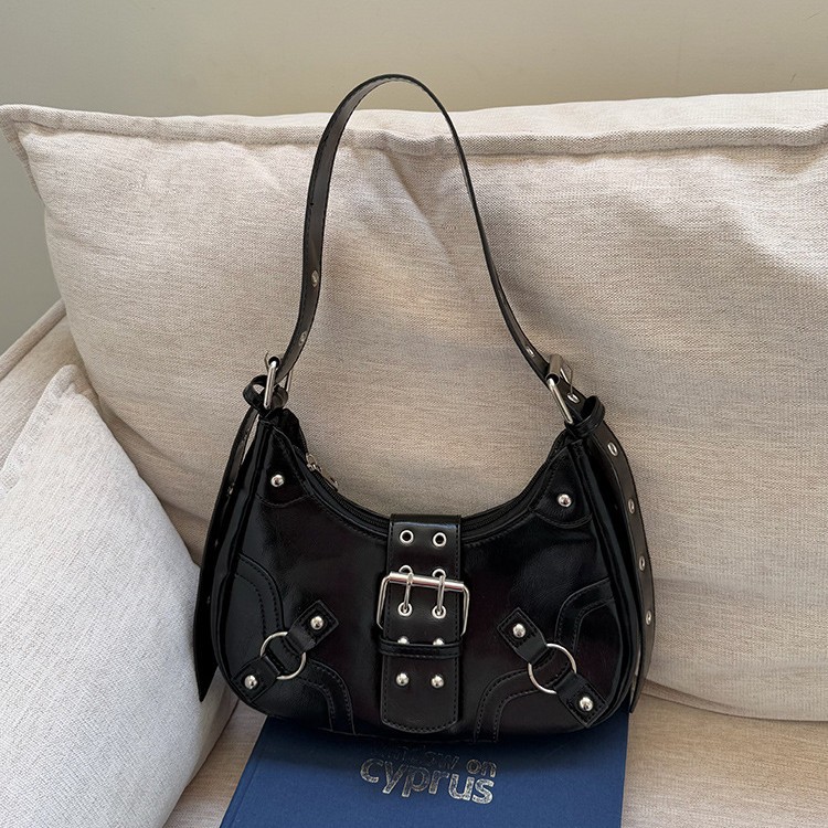 Sweet & Cool Biker Style Underarm Bag For Women 2026 New Versatile Commuter Studded Crescent Bag Shoulder Crossbody Bag