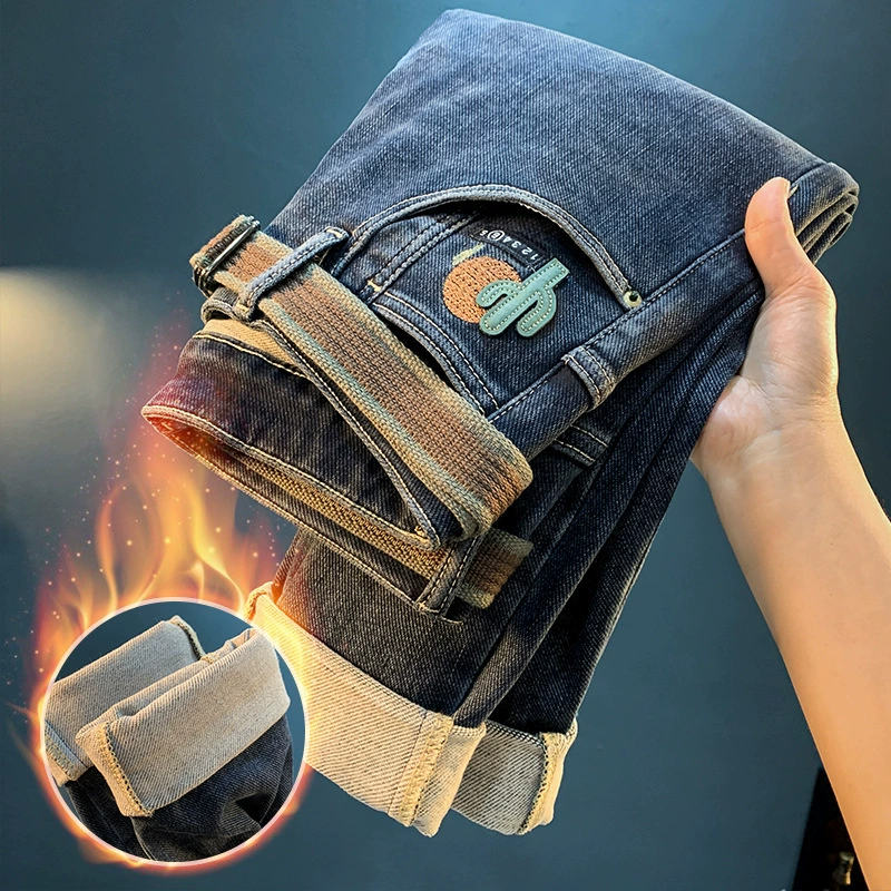 2024 осень и зима новые мужские повседневные джинсы микро-харун тенденция свободный бархат утолщенные теплые брюки