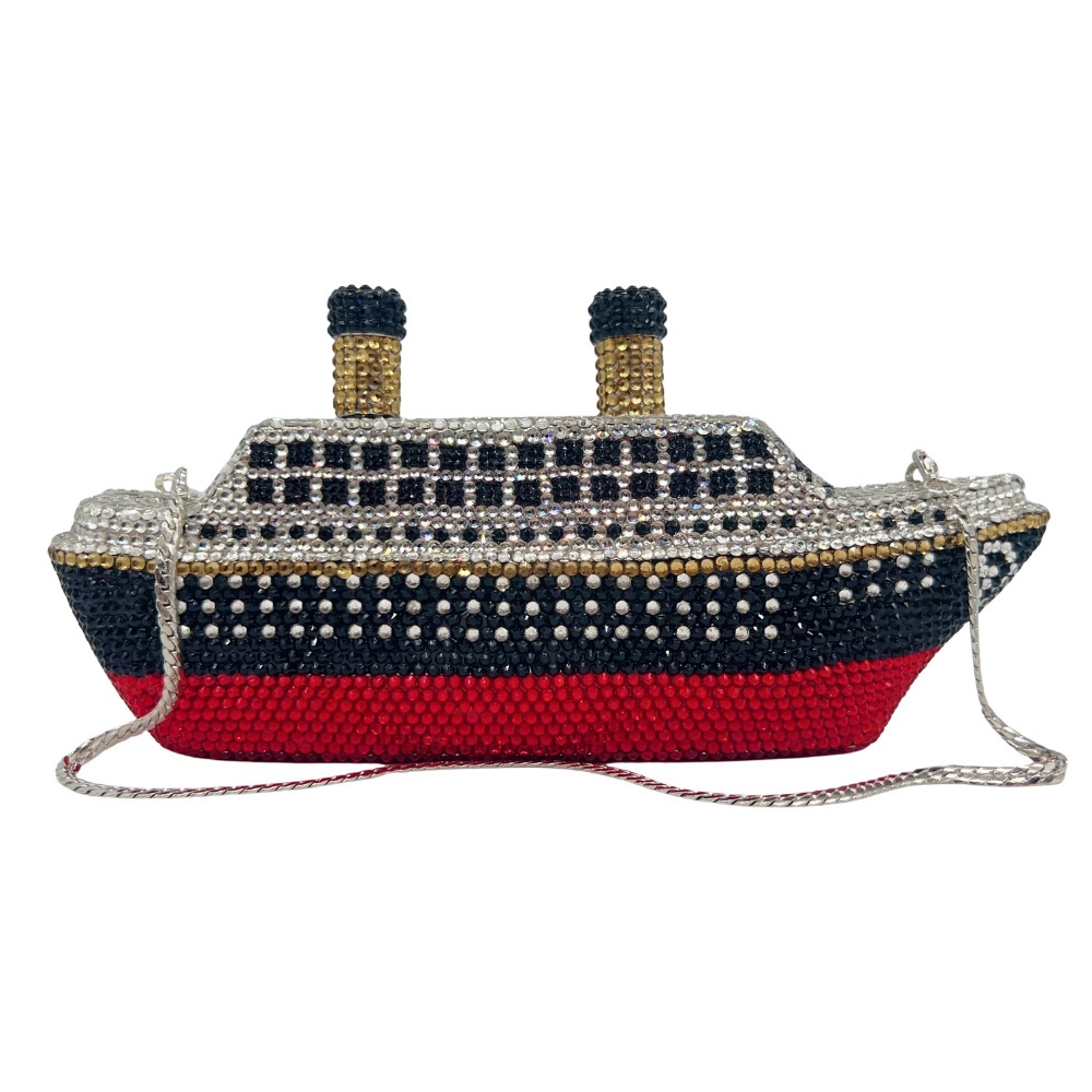 Bolsa de cristal transfronteriza con perforación completa cena ligera de lujo barco de vapor fondo plano perforación banquete portátil bolso de mano de mujer negro rojo