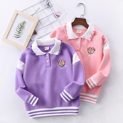 24 Fall Kids' Clothing New Embroidered Bear Girl's Hoodie Letter Children Polo Shirt Middle Kids Color Block Collar Hoodie