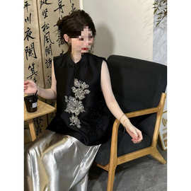 收腰半身裙套装盘扣马甲新中式国风重工女钉珠宽松无袖上衣女减龄