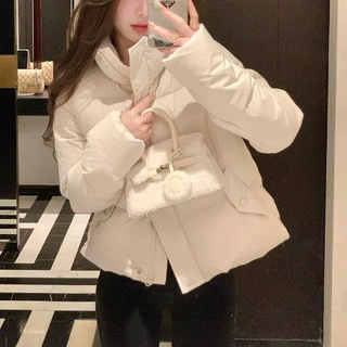 JustQiln奶油泡芙新款白鸭绒短款立领羽绒服90绒羽绒衣女外套