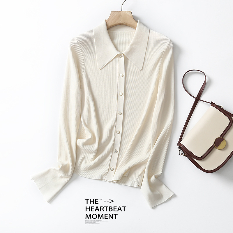 Clearance Sale: Lightweight and Delicate Design, Polo Collar, Long-Sleeve, Thin Tencel Cotton Knit Top for Women, New Style