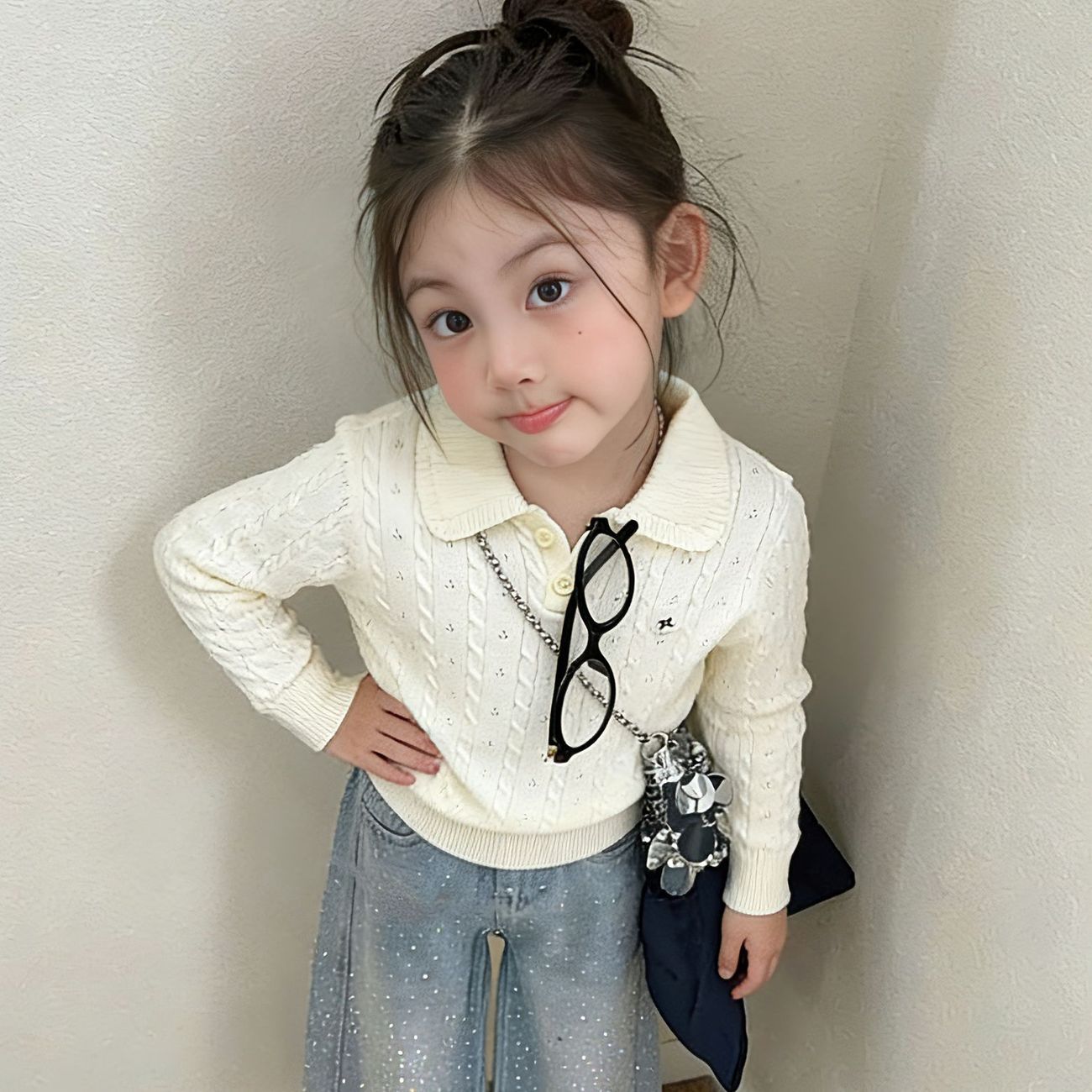 Cross-border 2026 Spring New Girls' Polo Shirt Peter Pan Collar Knit Sweater for Children and Big Kids, Preppy Style