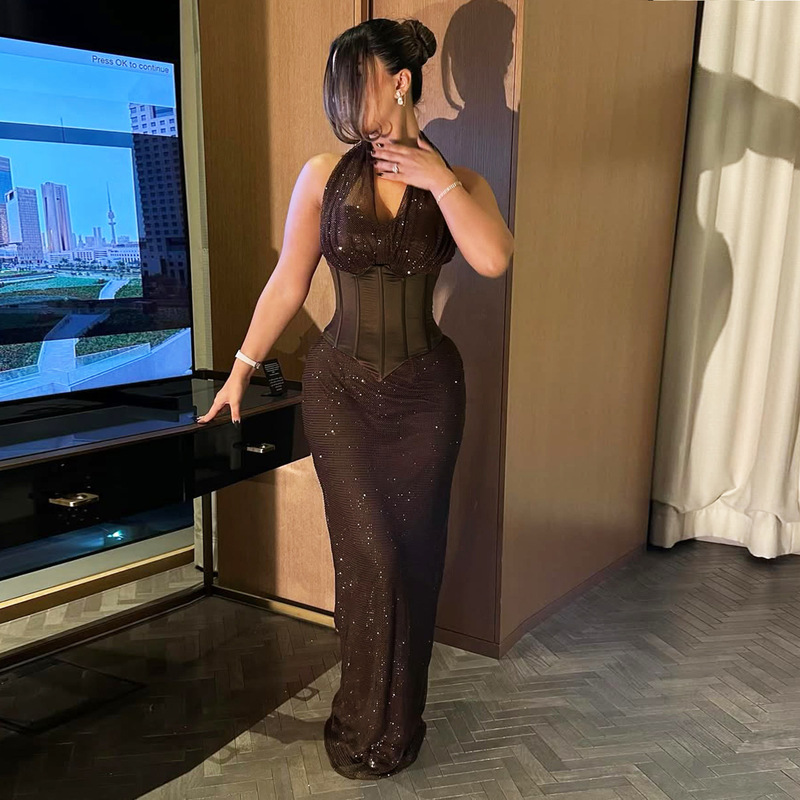 European and American Retro Style Fashion Women's Clothing V-Neck Sequined Waist-Cinching Slimming Halter Neck Dress Mesh Slim Fit Backless Long Dress European and American Retro Style Fashion Women's Clothing V-Neck Sequined Waist-Cinching Slimming Halter Neck Dress Mesh Slim Fit Backless Long Dress