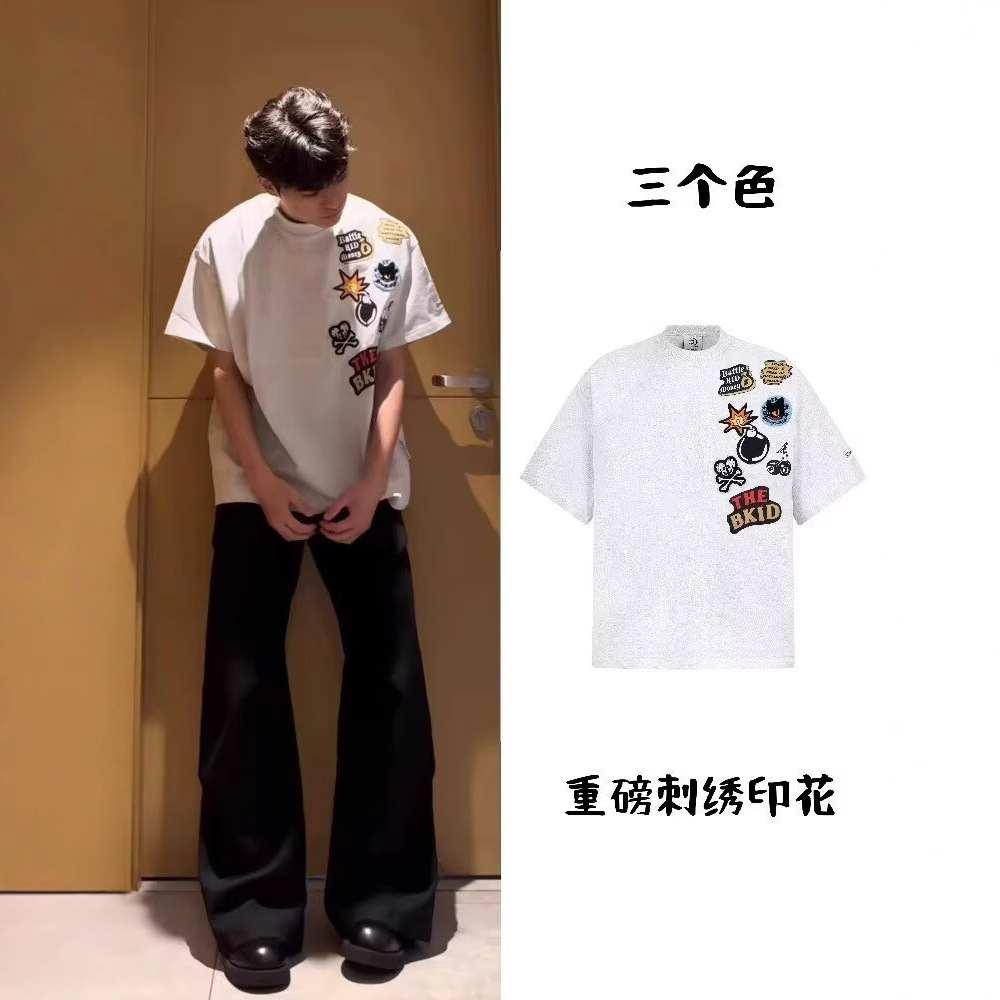 아메리칸 트렌디 브랜드 펀 카툰 타월 자수 반팔 티셔츠 남성 여름 오버사이즈 캐주얼 다용도 커플 탑