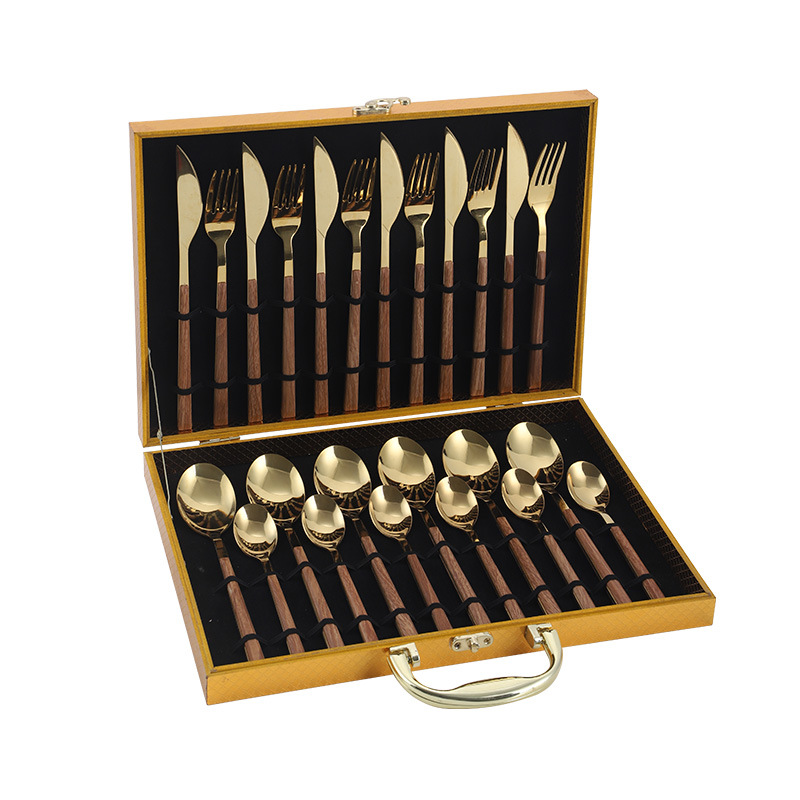 Amazon popular vajilla de acero inoxidable 24 piezas traje portugués mango de grano de madera cuatro piezas principales cuchillo de comida occidental, tenedor y cuchara traje