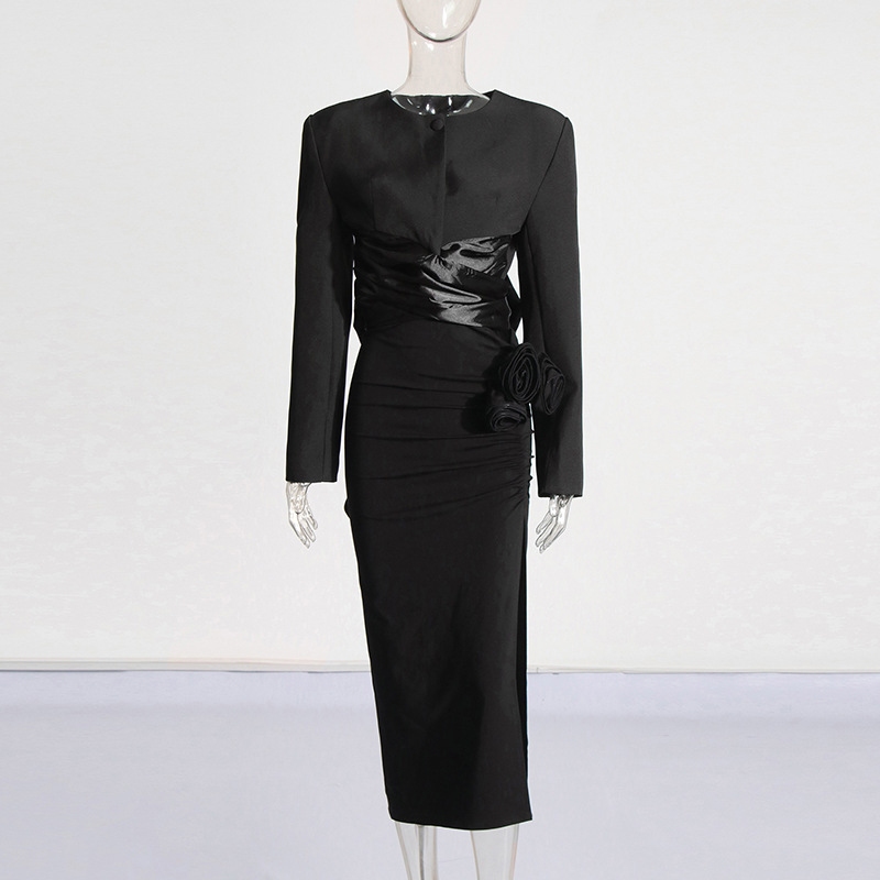 Women's Clothing Fashionable Elegant Solid Color Tie-Neck Top With High-Waist Slit Skirt Set - Chic Women's Outfit For Casual & Evening Wear​​_ecoleips.com