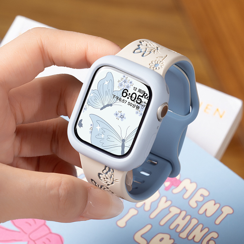 Suitable for Apple Smart Watch Strap S11, 9 Colorful Butterfly Print Two-Tone S9 Silicone S10 Sports 7 Women's Cute Style