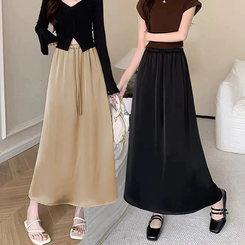 Юбка Mamian, атласная юбка средней длины из ледяного шелка, ацетата, новинка 2024 года, летняя миниатюрная драпированная длинная юбка с высокой талией