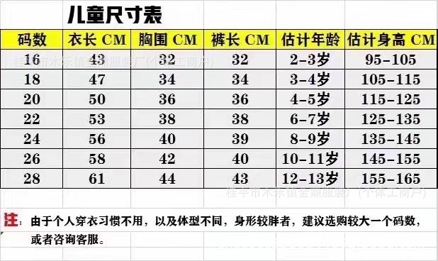 泰版童装尺码