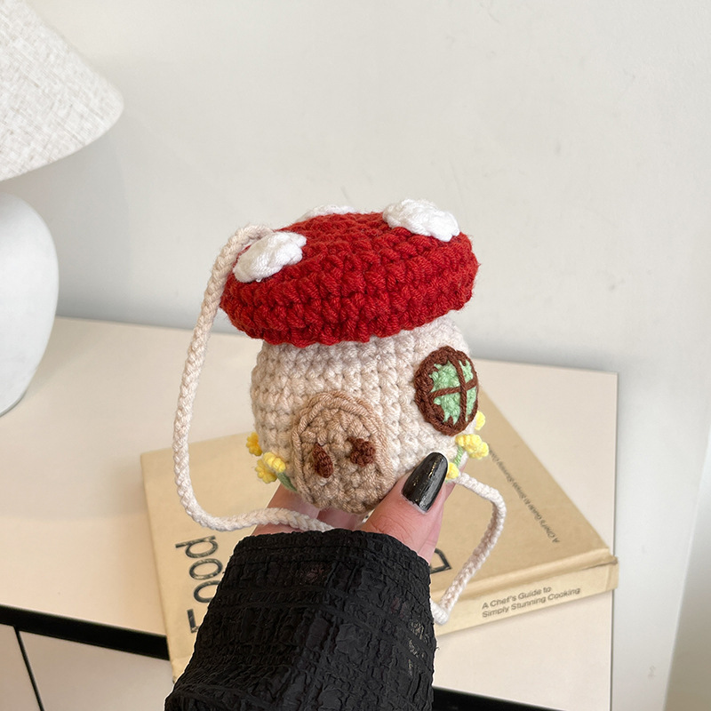 High-value Wool Crocheted Bag Women's Handmade Cute Coin Purse Academic Style Popular Mushroom House Crossbody Bucket Bag